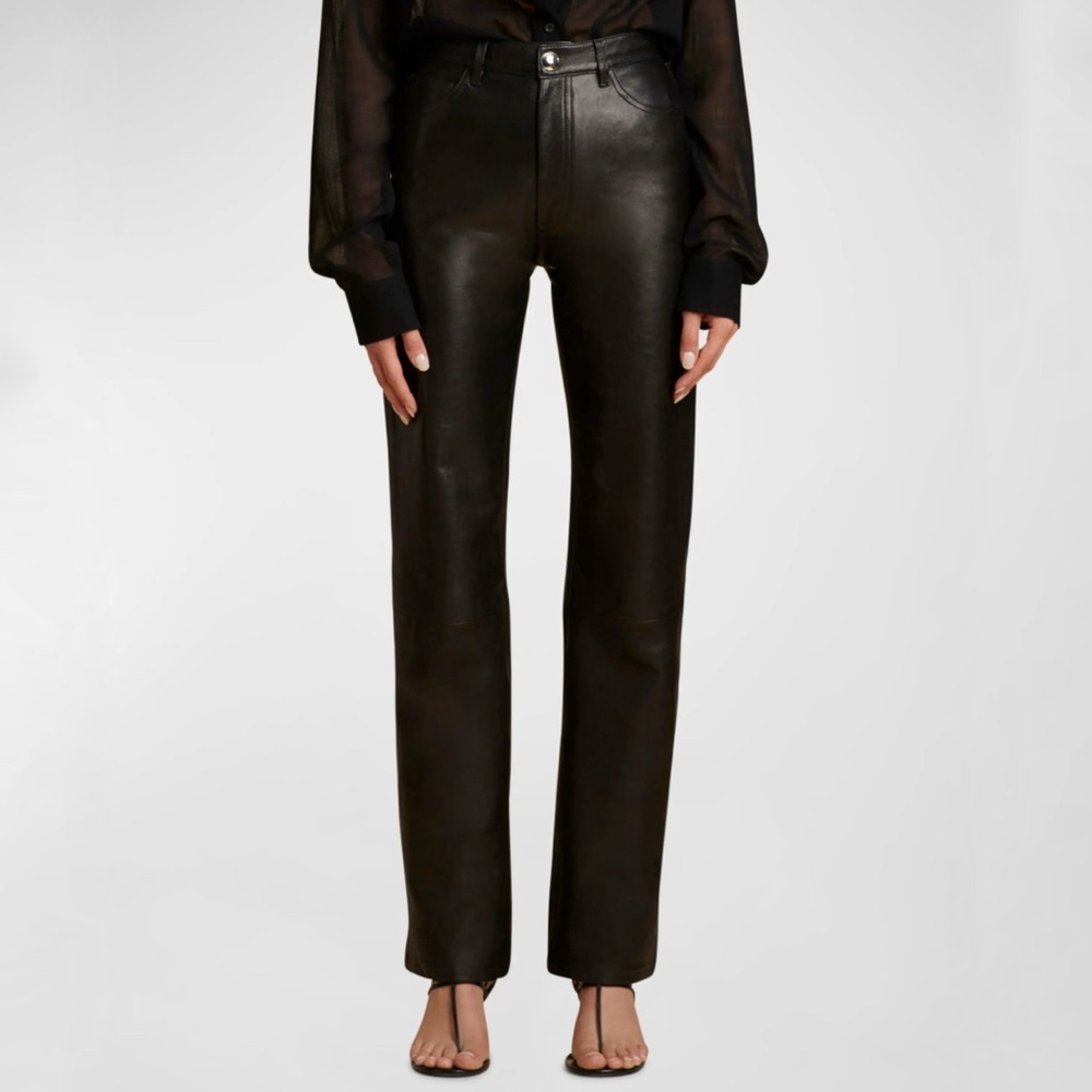 Black Straight-Leg Genuine Leather Pants
